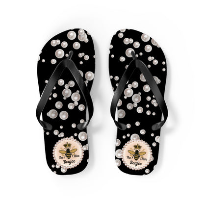 The Boujee Hive Flip Flops - BLACK in Sea of Pearls - MEDIUM