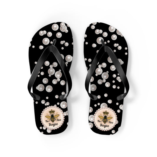 The Boujee Hive Flip Flops - BLACK in Sea of Pearls - MEDIUM