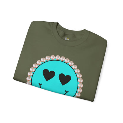 Bee Boujee - Boujee Smiley Face Turquoise in Pearls Heavy Blend™ Dark Colors Crewneck Sweatshirt