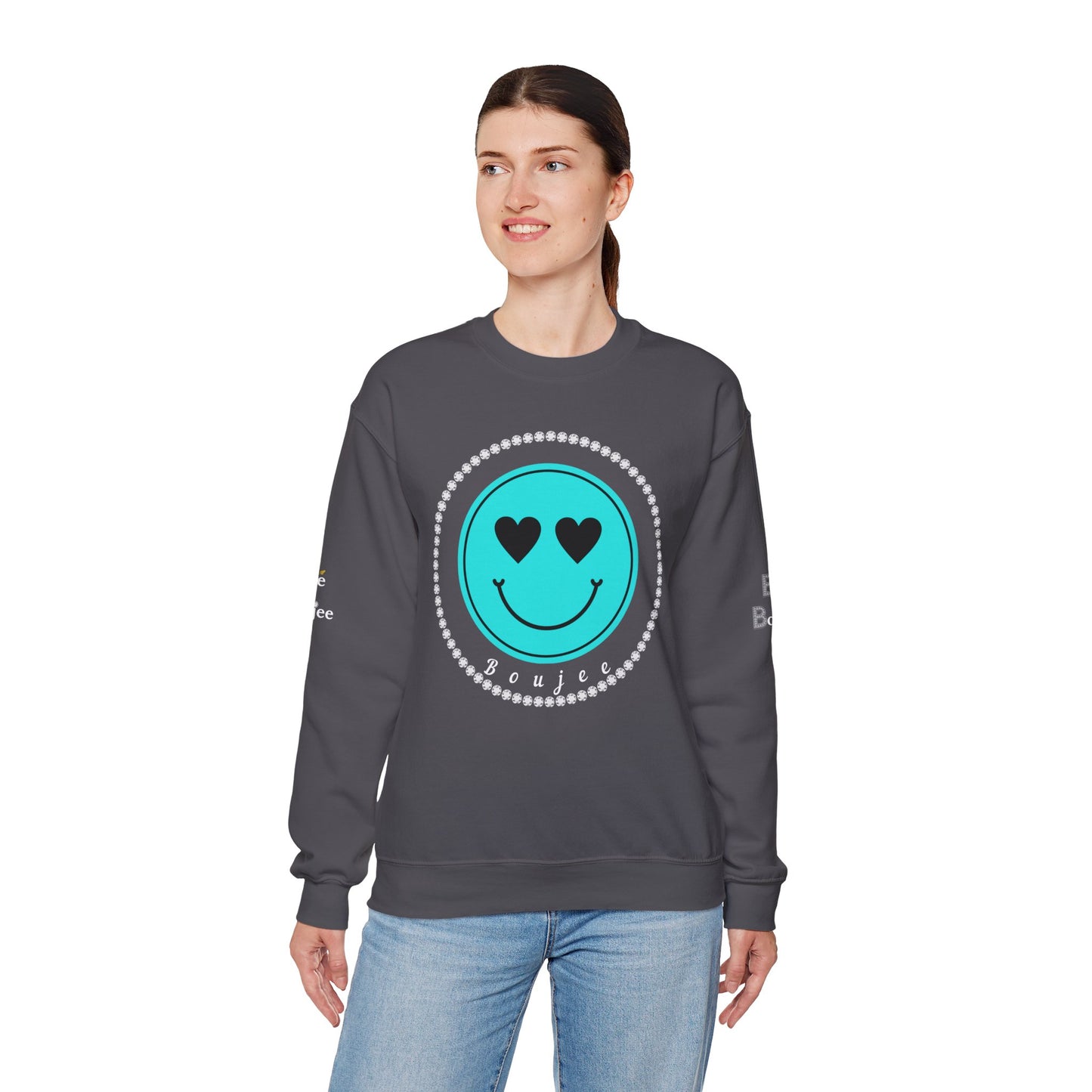 Bee Boujee - Boujee Smiley Face Turquoise in Diamonds Heavy Blend™ Dark Colors Crewneck Sweatshirt