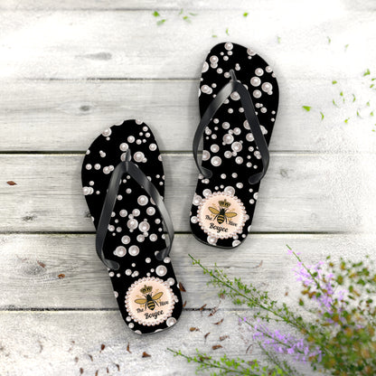 The Boujee Hive Flip Flops - BLACK in Sea of Pearls - LARGE
