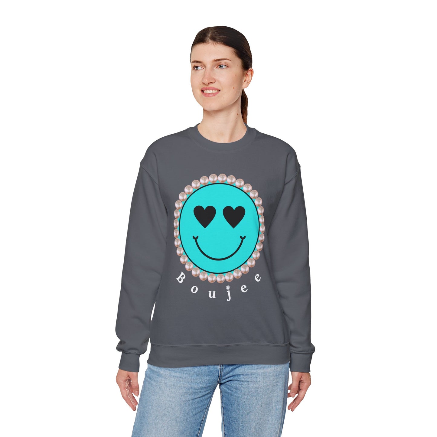 Bee Boujee - Boujee Smiley Face Turquoise in Pearls Heavy Blend™ Dark Colors Crewneck Sweatshirt