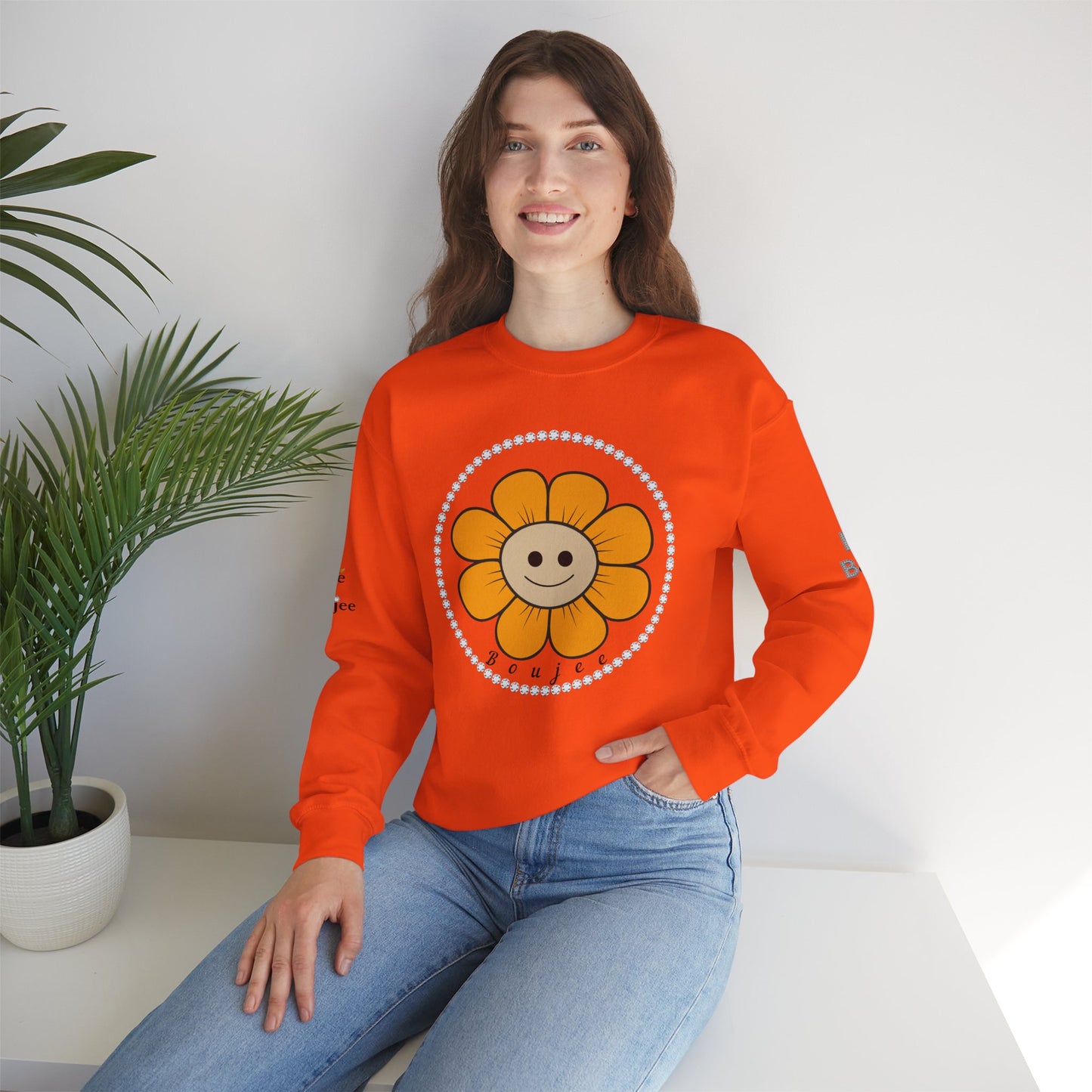 Boujee Flower Smiley Face Gold Tan - Heavy Blend™ Light Colors Crewneck Sweatshirt