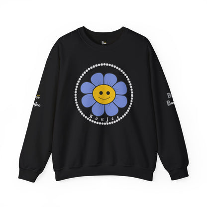 Boujee Flower Smiley Face Blue Gold - Heavy Blend™ Dark Colors Crewneck Sweatshirt