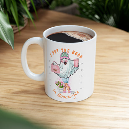 Halloween Booo in Boooujee WHITE Ceramic Mug, 11oz - FAIR SKIN TONE