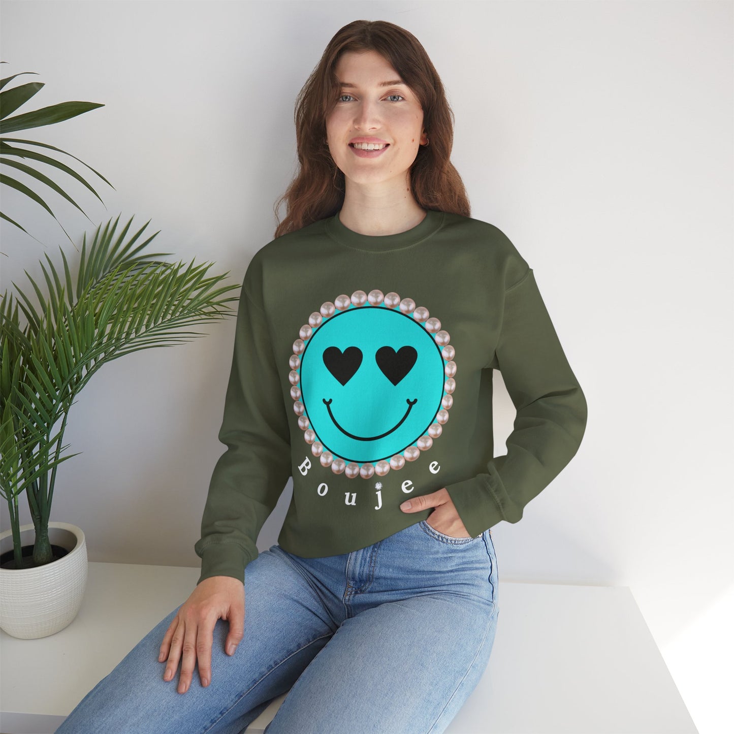 Bee Boujee - Boujee Smiley Face Turquoise in Pearls Heavy Blend™ Dark Colors Crewneck Sweatshirt