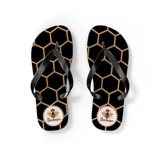 Bee Boujee Crowned-Bee Flip-Flops (BLACK/Golden Honeycomb) - SMALL