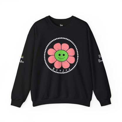 Boujee Flower Smiley Face Pink Green - Heavy Blend™ Dark Colors Crewneck Sweatshirt