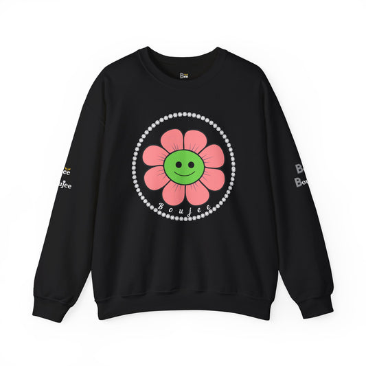 Boujee Flower Smiley Face Pink Green - Heavy Blend™ Dark Colors Crewneck Sweatshirt