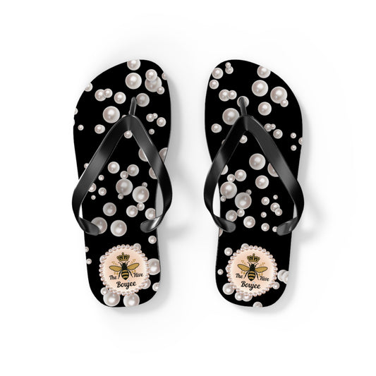 The Boujee Hive Crowned-Bee BLACK (Sea of Pearls) Flip-Flops - SMALL
