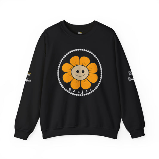 Boujee Flower Smiley Face Gold Tan - Heavy Blend™ Dark Colors Crewneck Sweatshirt