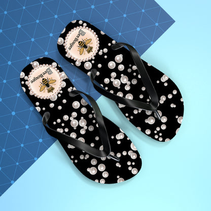 Bee Boujee Flip Flops - BLACK in Sea of Pearls - LARGE