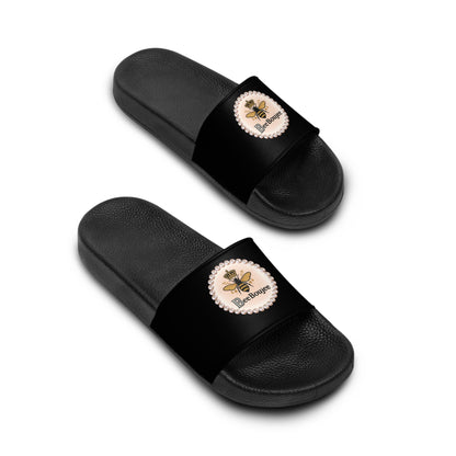 Bee Boujee Pearl-Emblem Women’s Slides Sandals, Summer Footwear, Cute Beach Slippers, Casual Slip-Ons