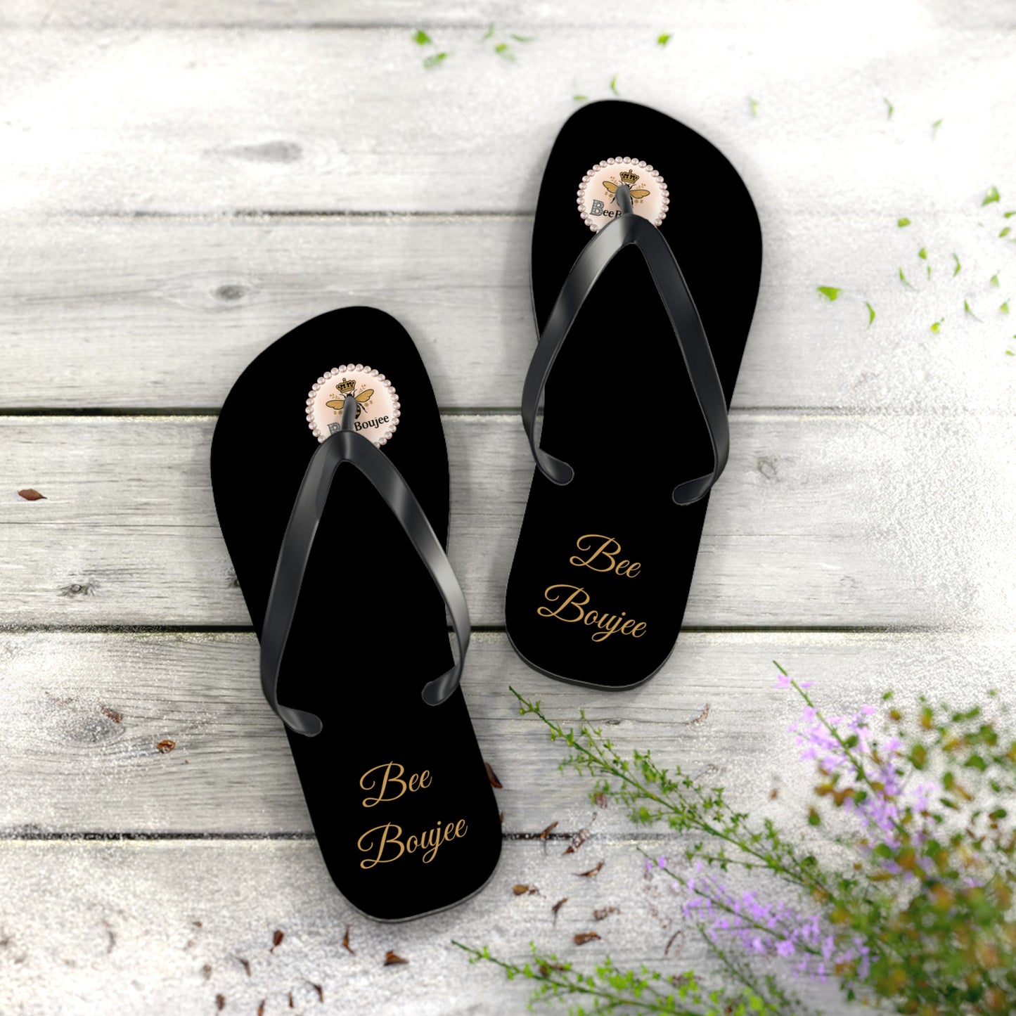 Bee Boujee Crowned-Bee Flip-Flops (Black & Gold)