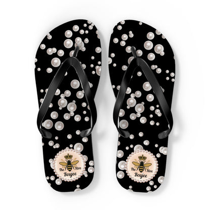 The Boujee Hive Flip Flops - BLACK in Sea of Pearls - EXTRA LARGE