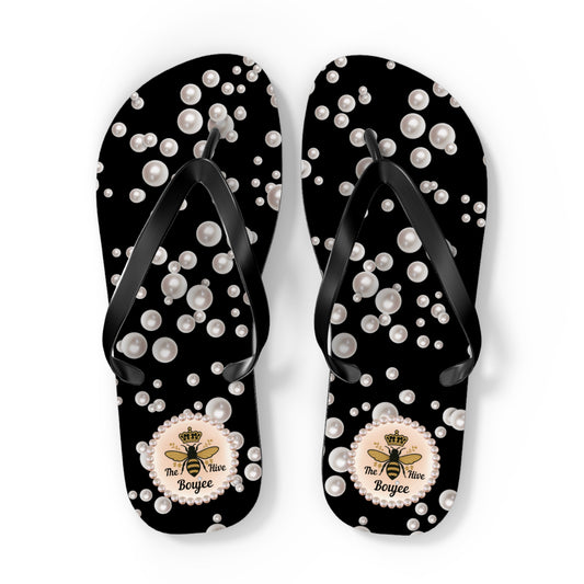 The Boujee Hive Flip Flops - BLACK in Sea of Pearls - EXTRA LARGE