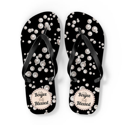 Kinda Boujee Really Blessed Flip Flops - BLACK in Sea of Pearls - EXTRA LARGE