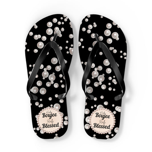 Kinda Boujee Really Blessed Flip Flops - BLACK in Sea of Pearls - EXTRA LARGE