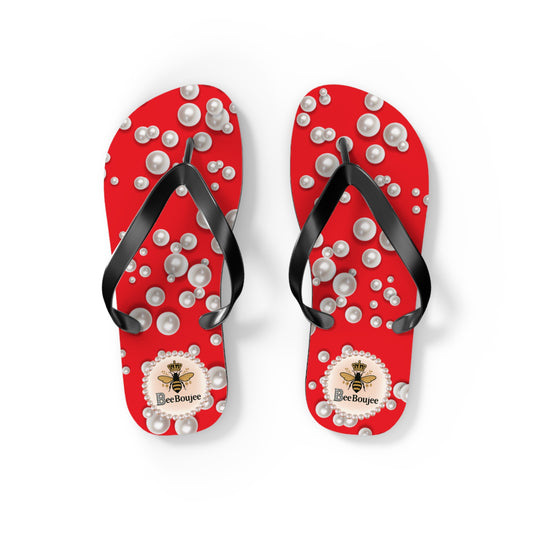 Bee Boujee Crowned-Bee RED (Sea of Pearls) Flip-Flops - SMALL