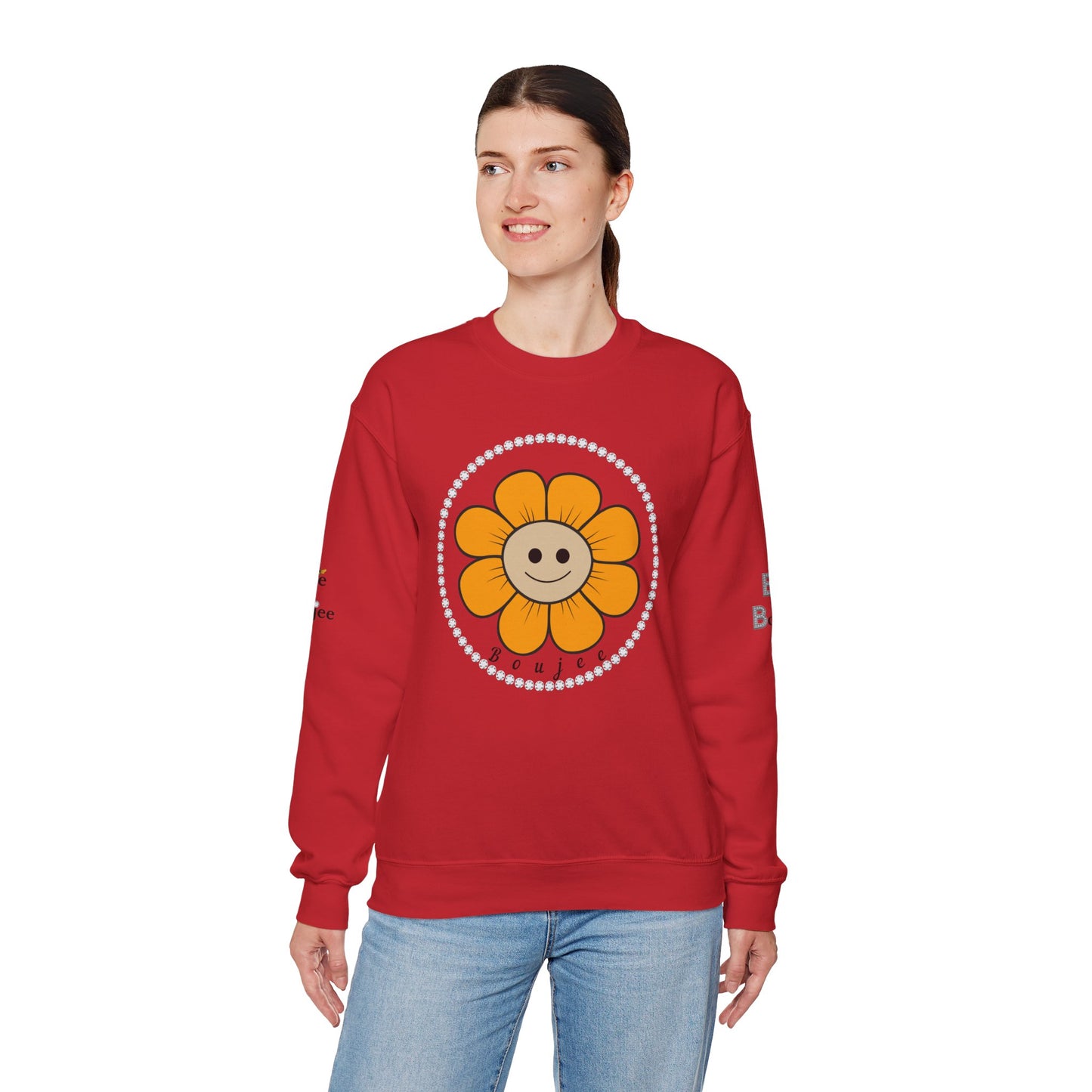 Boujee Flower Smiley Face Gold Tan - Heavy Blend™ Light Colors Crewneck Sweatshirt