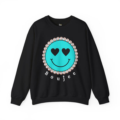 Bee Boujee - Boujee Smiley Face Turquoise in Pearls Heavy Blend™ Dark Colors Crewneck Sweatshirt