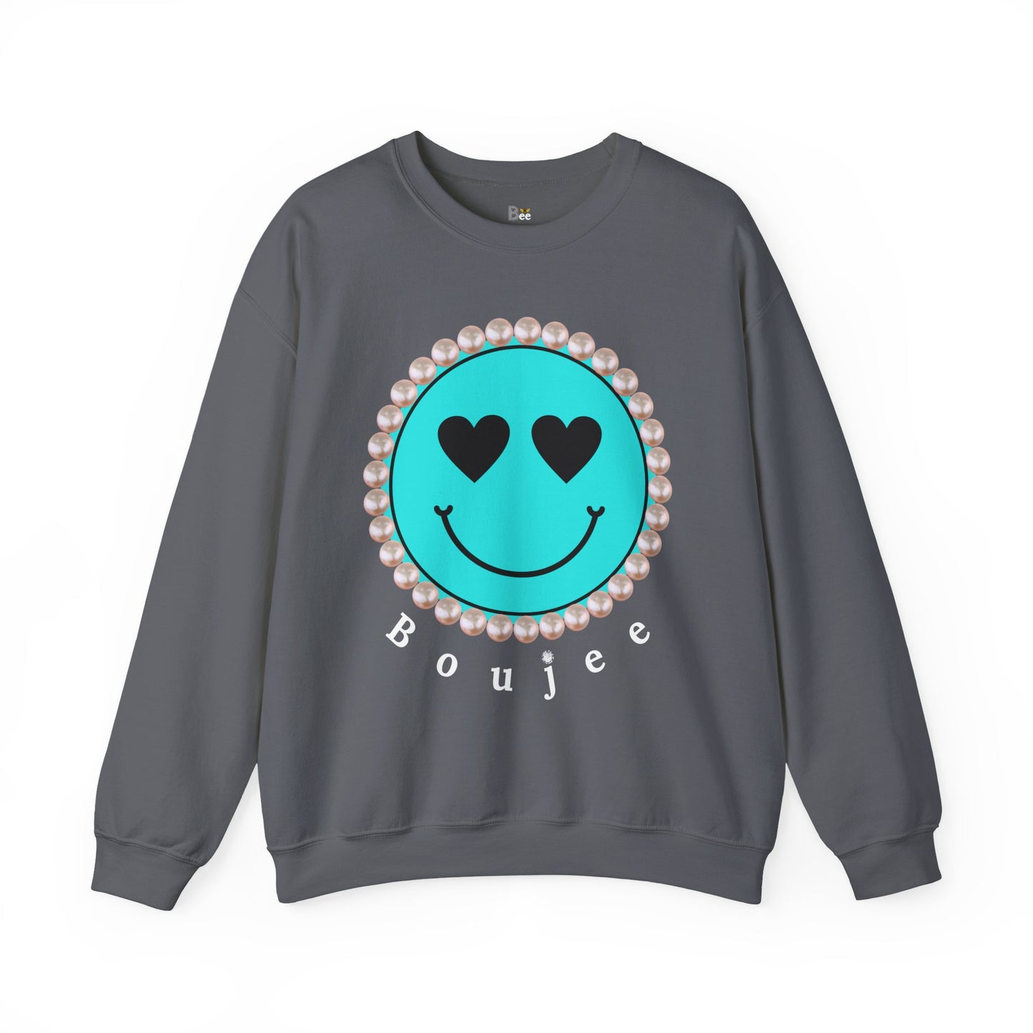 Bee Boujee - Boujee Smiley Face Turquoise in Pearls Heavy Blend™ Dark Colors Crewneck Sweatshirt