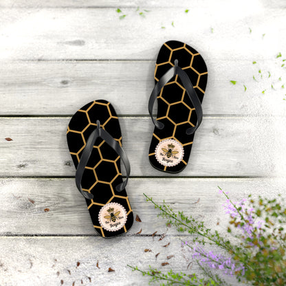 The Boujee Hive Crowned-Bee Flip-Flops (BLACK/Golden Honeycomb) - SMALL