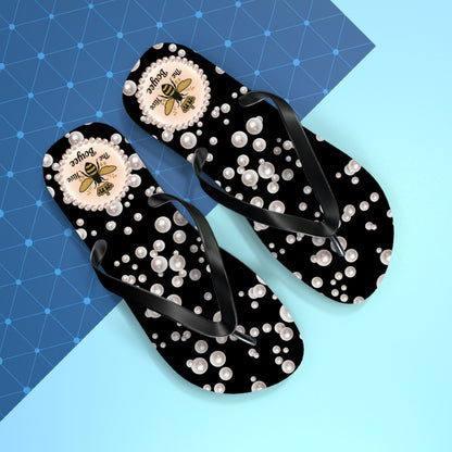 The Boujee Hive Flip Flops - BLACK in Sea of Pearls - LARGE