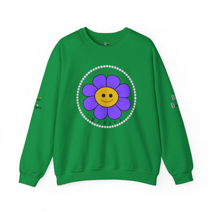 Boujee Flower Smiley Face Purple Gold - Heavy Blend™ Light Colors Crewneck Sweatshirt