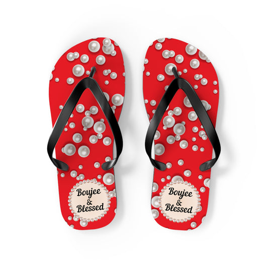 Boujee & Blessed Flip Flops - RED in Sea of Pearls - MEDIUM