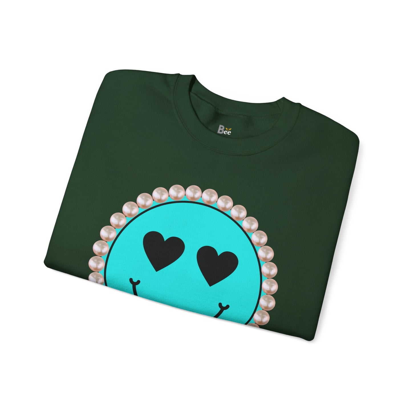 Bee Boujee - Boujee Smiley Face Turquoise in Pearls Heavy Blend™ Dark Colors Crewneck Sweatshirt