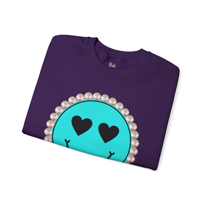 Bee Boujee - Boujee Smiley Face Turquoise in Pearls Heavy Blend™ Dark Colors Crewneck Sweatshirt
