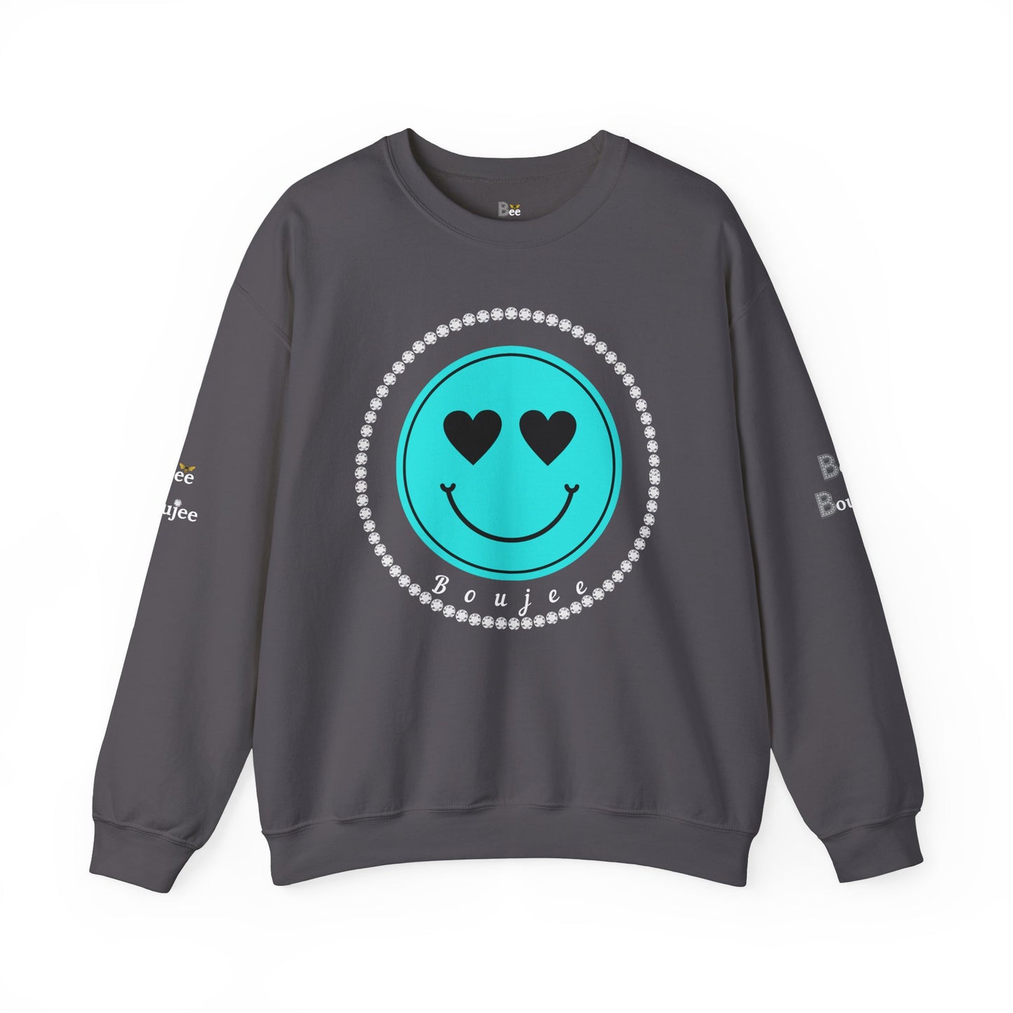 Bee Boujee - Boujee Smiley Face Turquoise in Diamonds Heavy Blend™ Dark Colors Crewneck Sweatshirt