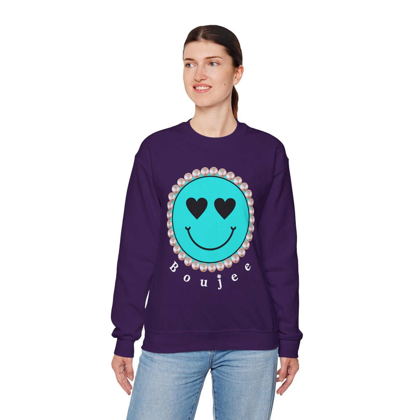 Bee Boujee - Boujee Smiley Face Turquoise in Pearls Heavy Blend™ Dark Colors Crewneck Sweatshirt