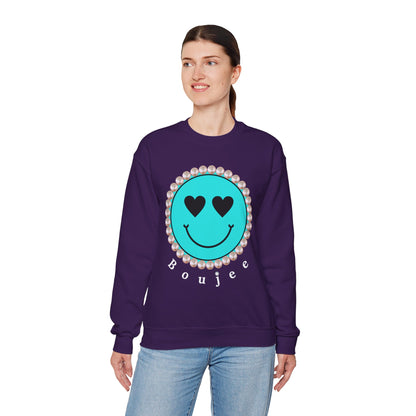 Bee Boujee - Boujee Smiley Face Turquoise in Pearls Heavy Blend™ Dark Colors Crewneck Sweatshirt