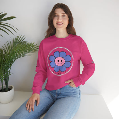 Boujee Flower Smiley Face Blue Pink - Heavy Blend™ Light Colors Crewneck Sweatshirt