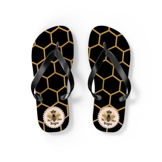 The Boujee Hive Crowned-Bee Flip-Flops (BLACK/Golden Honeycomb) - SMALL
