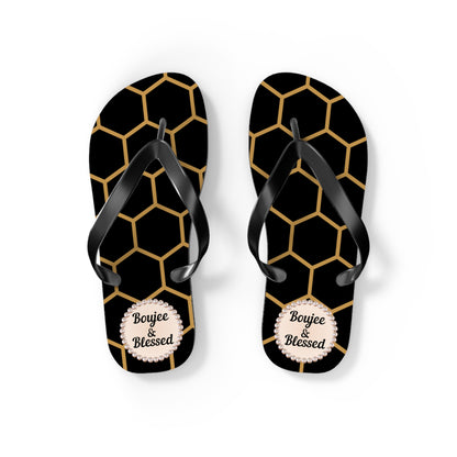 Boujee & Blessed Crowned-Bee Flip-Flops (BLACK/Golden Honeycomb) - SMALL