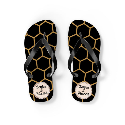 Boujee & Blessed Crowned-Bee Flip-Flops (BLACK/Golden Honeycomb) - SMALL