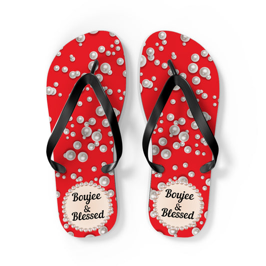 Boujee & Blessed Flip Flops - RED in Sea of Pearls - LARGE