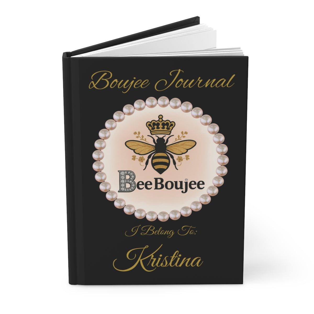 Personalized Boujee Journal with Pearl-Framed Bee Emblem - Hardcover Journal Matte Black