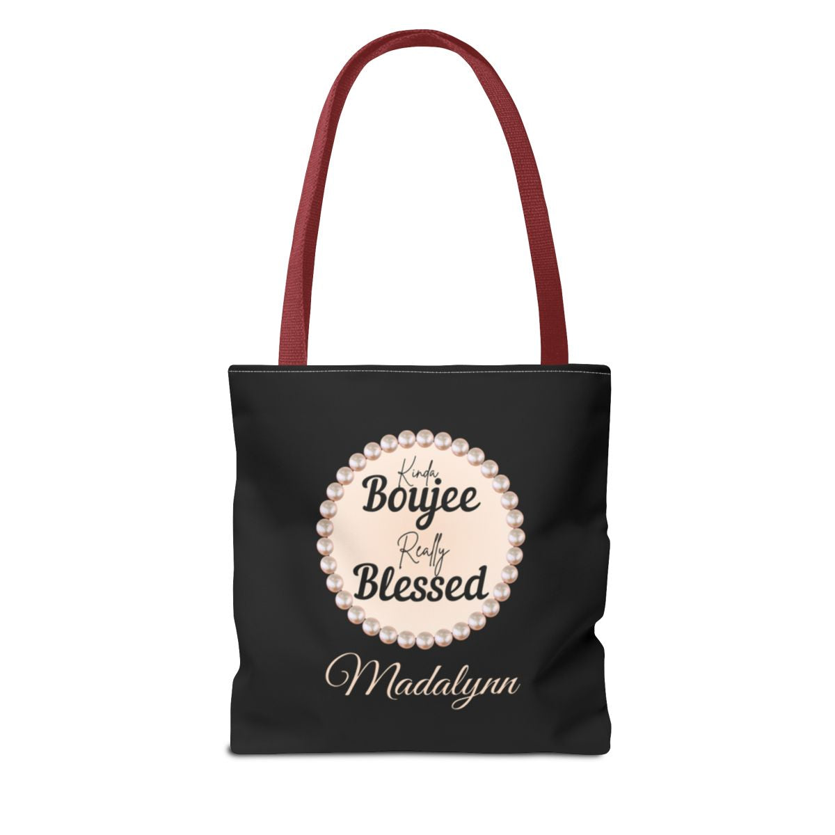 Personalized “Kinda Boujee, Really Blessed” Luxe Tote — Black, Peach Honeycomb & Golden Honeycomb