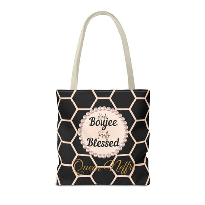 Personalized “Kinda Boujee, Really Blessed” Luxe Tote — Black, Peach Honeycomb & Golden Honeycomb