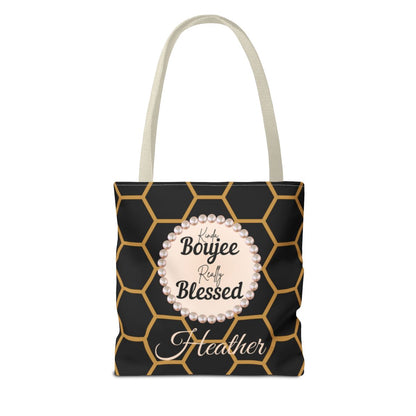 Personalized “Kinda Boujee, Really Blessed” Luxe Tote — Black, Peach Honeycomb & Golden Honeycomb