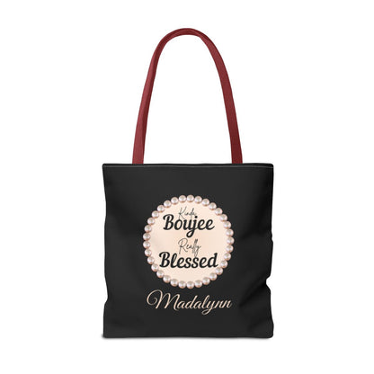 Personalized “Kinda Boujee, Really Blessed” Luxe Tote — Black, Peach Honeycomb & Golden Honeycomb