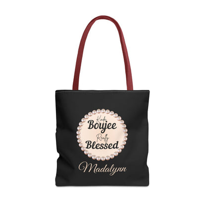 Personalized “Kinda Boujee, Really Blessed” Luxe Tote — Black, Peach Honeycomb & Golden Honeycomb