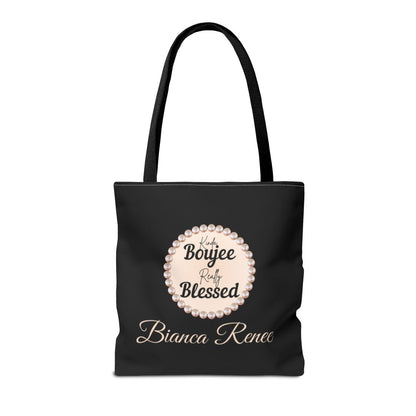 Personalized “Kinda Boujee, Really Blessed” Luxe Tote — Black, Peach Honeycomb & Golden Honeycomb