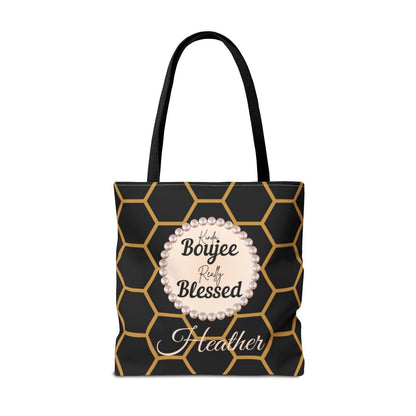 Personalized “Kinda Boujee, Really Blessed” Luxe Tote — Black, Peach Honeycomb & Golden Honeycomb