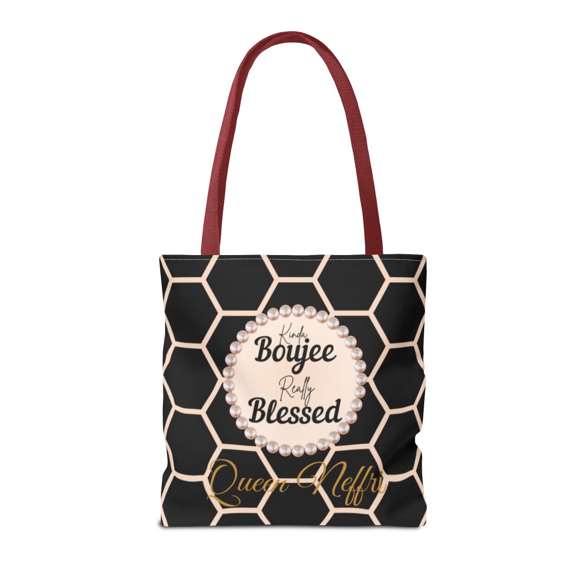Personalized “Kinda Boujee, Really Blessed” Luxe Tote — Black, Peach Honeycomb & Golden Honeycomb