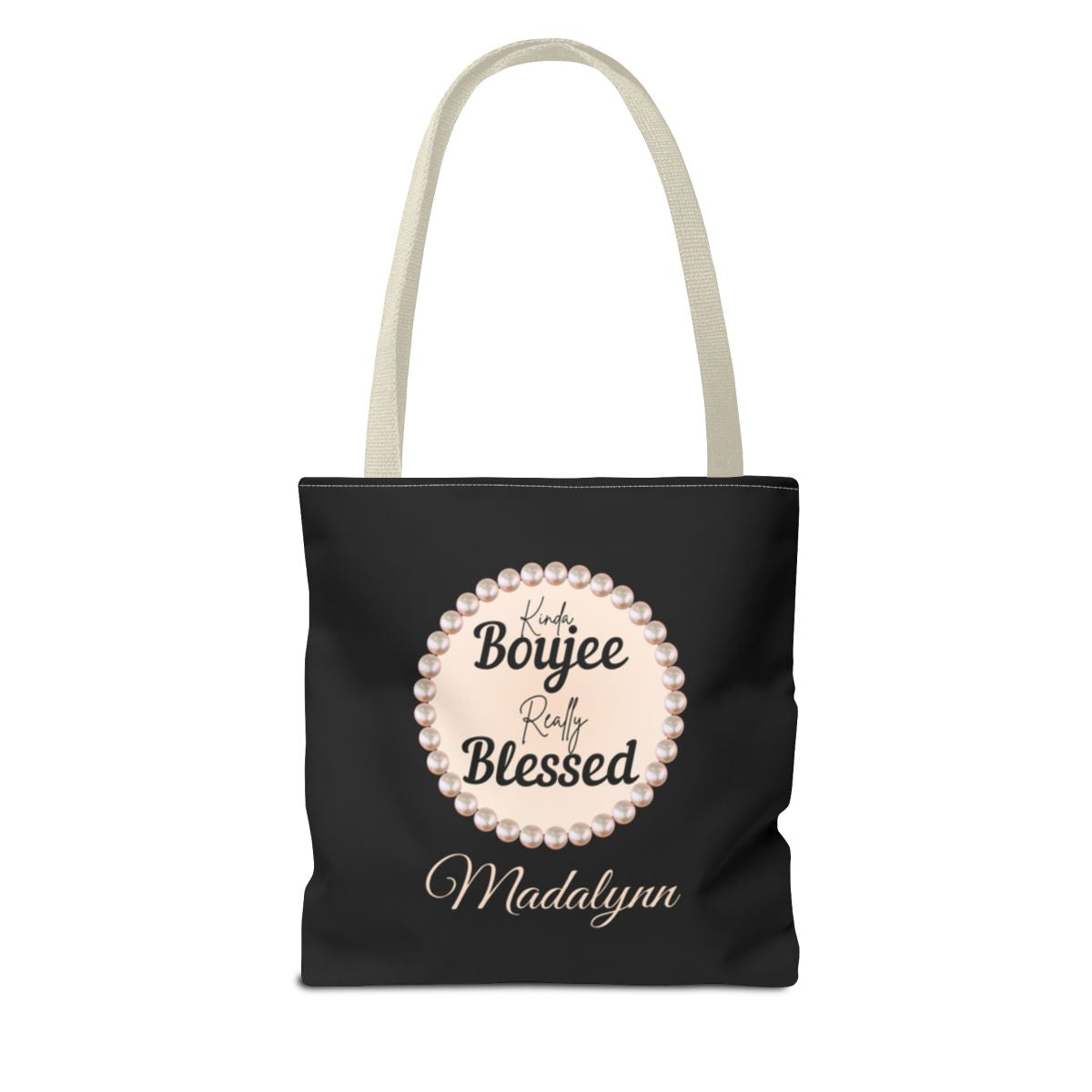 Personalized “Kinda Boujee, Really Blessed” Luxe Tote — Black, Peach Honeycomb & Golden Honeycomb